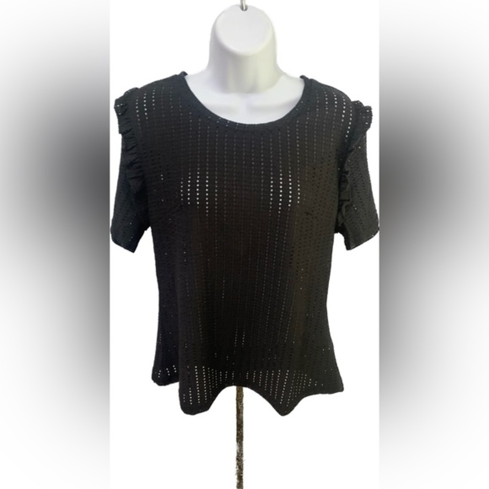 NWT Ulta Pink Black Top Ruffle Sleeve Women’s Size Large‎